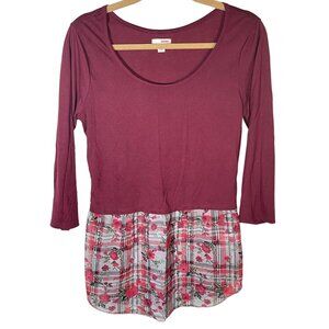 bongo long sleeve shirt red floral sheer swoop neck polyester blend large READ